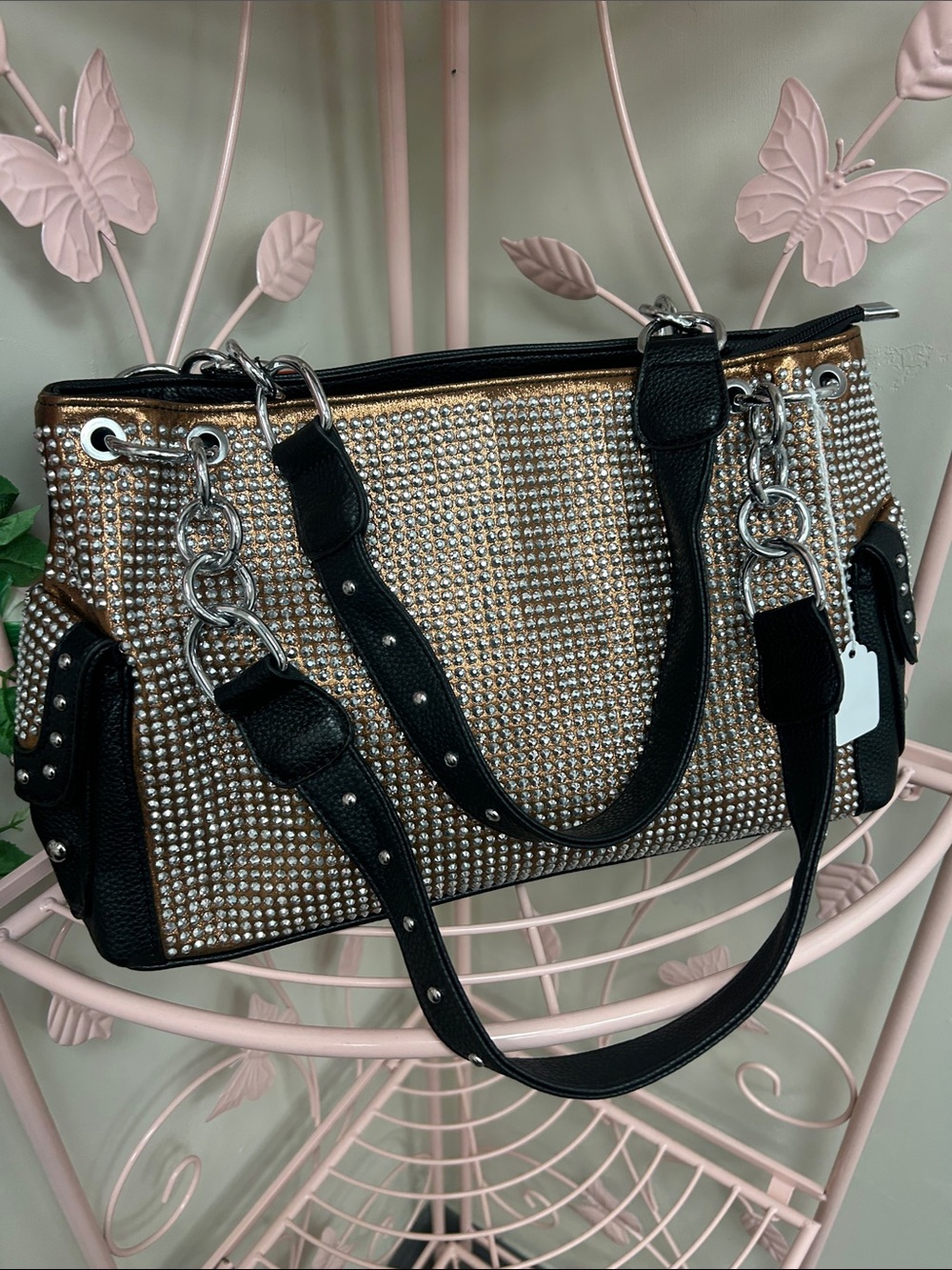 Embellished Rhinestone Tote Bag in bronze and Black conceal carry